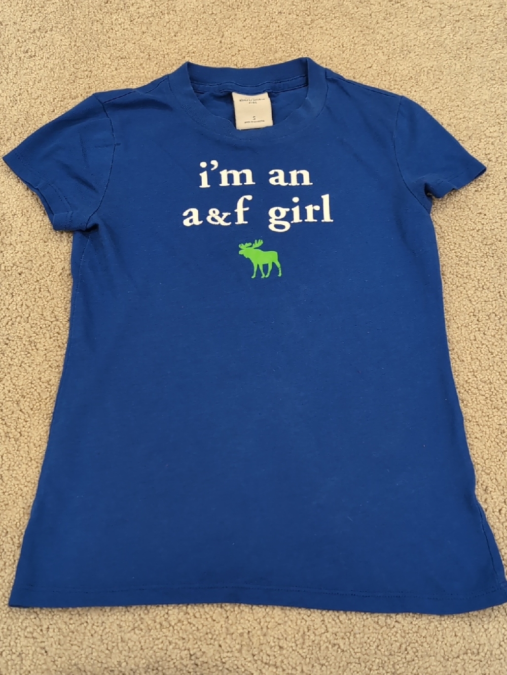 Abercrombie & Fitch Blue Tee with White Text and Green Moose